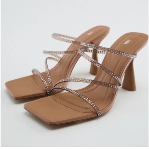 Zara Shoes - Glitzy Zara Rhinestone Heels - Vinyl Square Toed Heel Sandals